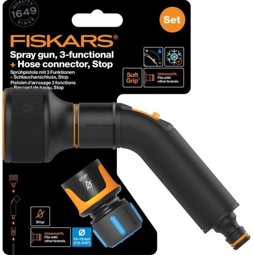 Fiskars Comfort Locsolópisztoly, 3 Funkciós + Cf Tömlőcsatlakozó 13-15mm, Stop