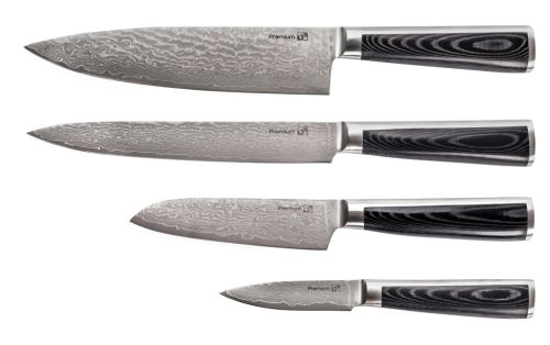 G21 Damascus Prémium kés készlet bambusz blokkban, 4 db + élező kő