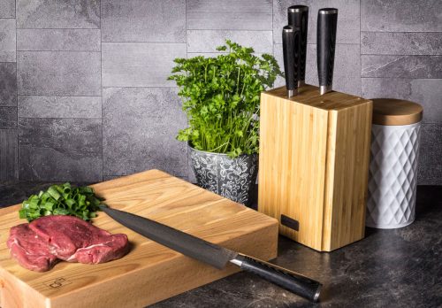 G21 Damascus Prémium kés készlet bambusz blokkban, 4 db + élező kő