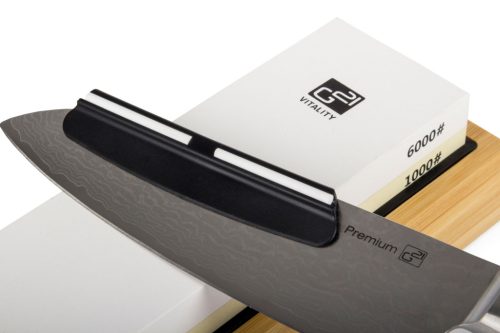 G21 Damascus Prémium kés készlet bambusz blokkban, 4 db + élező kő