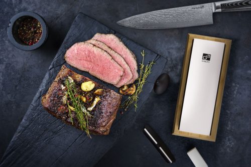 G21 Damascus Prémium kés készlet bambusz blokkban, 4 db + élező kő