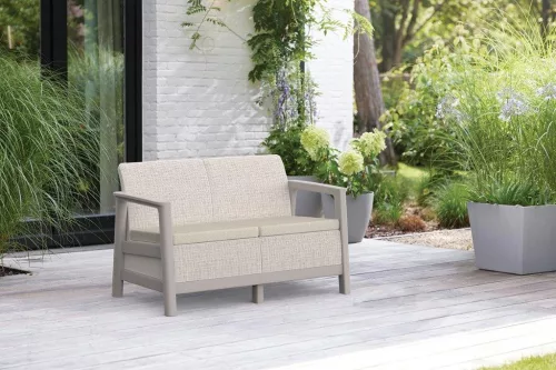 Meble ogrodowe Keter Scandi sofa dwuosobowa beżowo szara