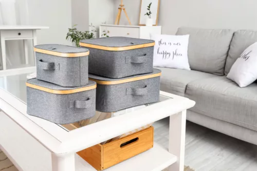 Tárolódoboz G21 30 x 15 x 15 cm, bambusz fedéllel, szürke