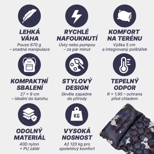 Acra L140M felfújható matrac párnával, szürke-bézs terepmintás, 5 cm