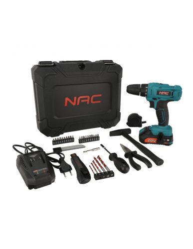 NAC CDB-1-LI-20V-TS akkumulátoros fúrócsavarozó 1x2Ah + 49 darabos tartozékkészlet