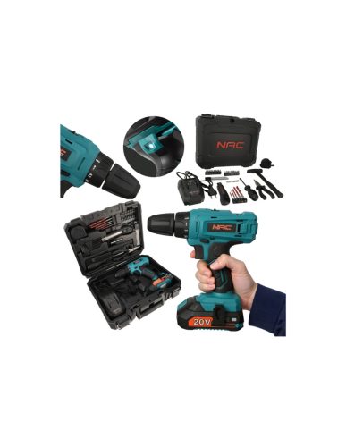 NAC CDB-1-LI-20V-TS akkumulátoros fúrócsavarozó 1x2Ah + 49 darabos tartozékkészlet