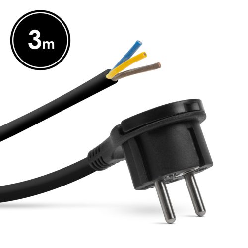 Delight Hálózati szerelhető tápkábel dugóval  - műanyag füllel - 3 m kábellel - 3 x 1,5 mm2 - fekete