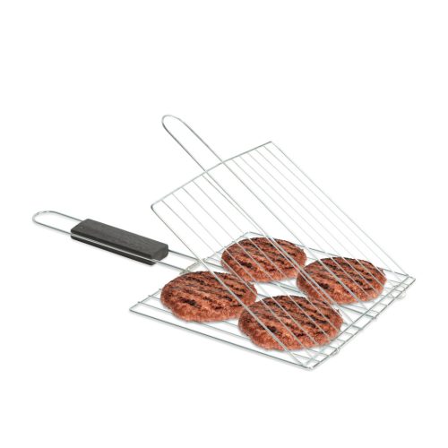 BBQ Grill hamburger sütő rács - króm bevonattal, fa nyéllel - 38 x 22 cm (56300D)