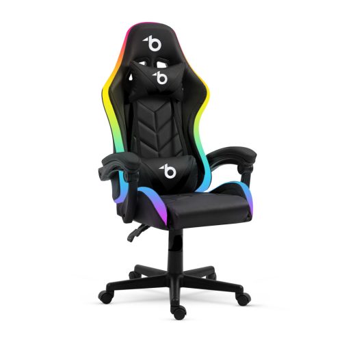 RGB LED-es gamer szék - karfával, párnával - fekete / fehér