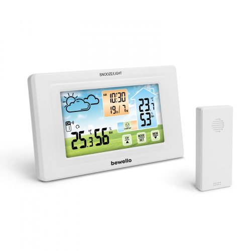 Bewello Digitális hőmérő és ébresztőóra - kültéri / beltéri - USB-s, elemes - fehér
