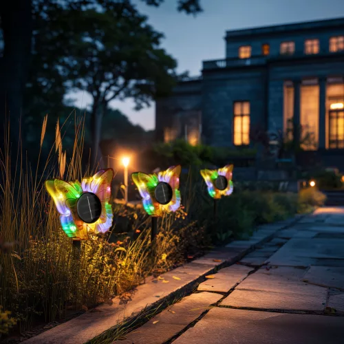 Leszúrható szolár pillangó - sárga - 13 x 6,5 x 35 cm - melegfehér + színes LED