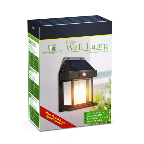 Szolár mozgásérzékelős fali lámpa - 1 filament LED - fekete - 12 x 6 x 17 cm