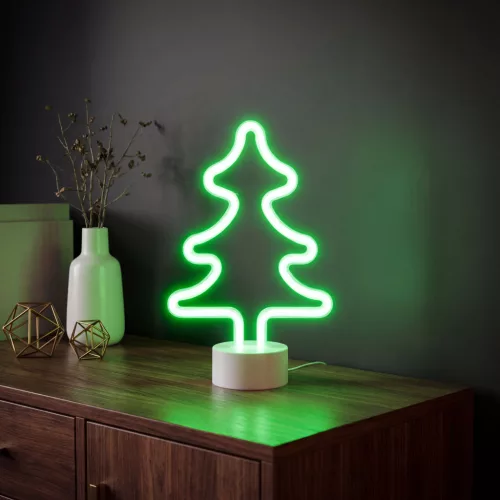 Neon LED lámpa - zöld fenyőfa - 3 x AA + USB - 18,5 x 8,5 x 28 cm