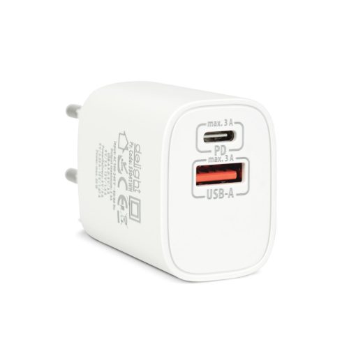 Hálózati Adapter USB + Type-C PD20W gyorstöltéssel - fehér