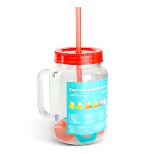 Szívószálas pohár - piros - 4 db hűthető jégkockával, 550ml,  17 x 7.5 x 13.5 cm