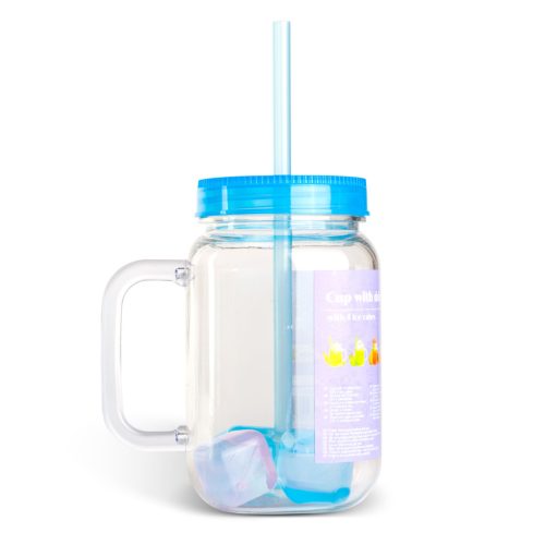 Szívószálas pohár - kék - 4 db hűthető jégkockával, 550ml,  17 x 7.5 x 13.5 cm