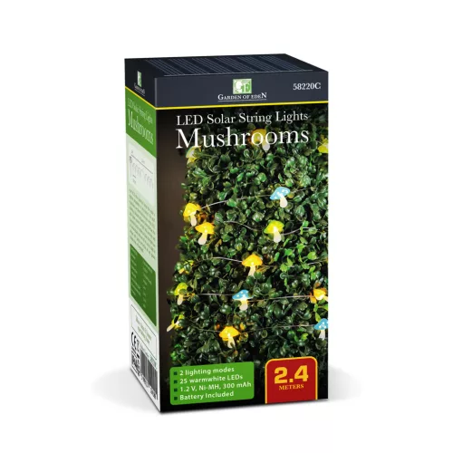 Szolár LED fényfüzér - gomba - 2,4 m - 25 LED - melegfehér