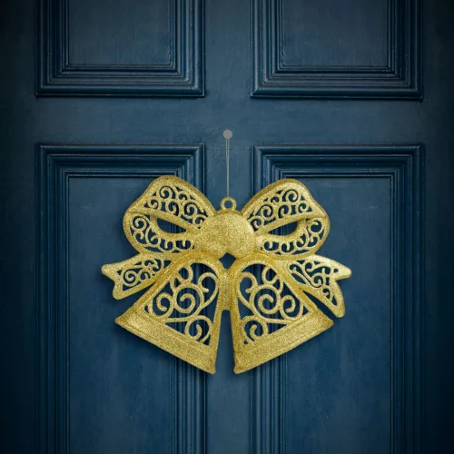 Karácsonyi dekoráció - masni - akasztható - glitteres arany - 35 cm