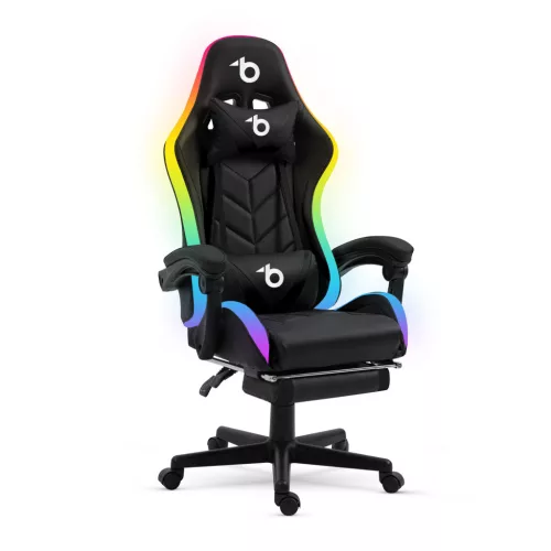 RGB LED-es gamer szék - karfával, párnával - fekete