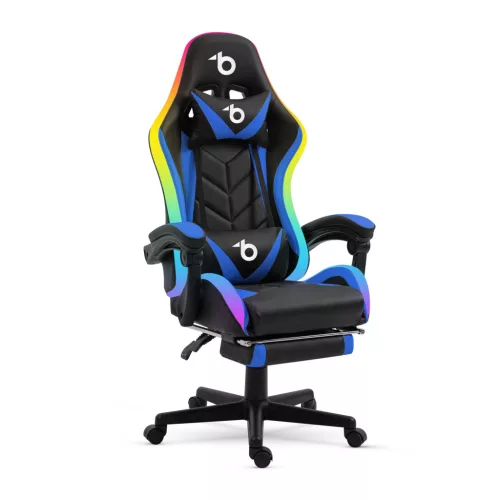 RGB LED-es gamer szék - karfával, párnával - fekete / kék