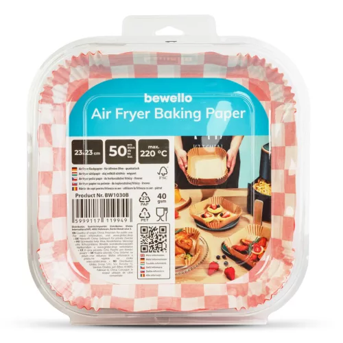 Air fryer sütőpapír - olaj nélküli sütőhöz - kockás, négyzet - 23 cm - 50 db / csomag