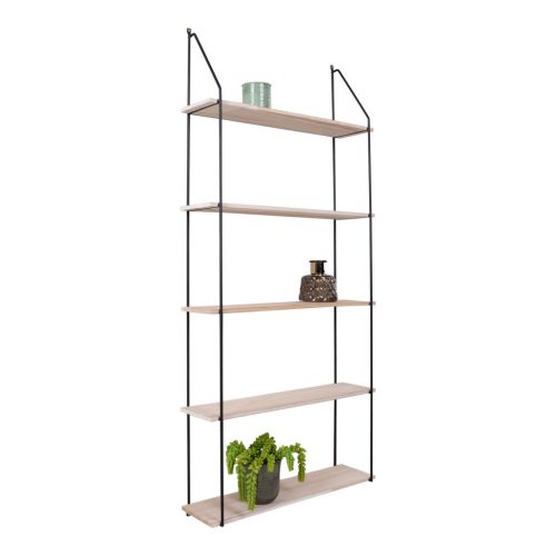 Eindhoven polc, 5 natúr fa polccal, fekete keret 65x17x145 cm