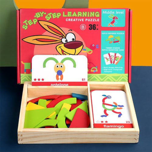 Mágneses tangram fajáték angol kártyákkal, közép szint