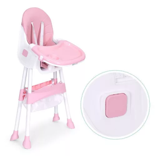 Gyerek etetőszék tálcával és kosárral 5 pontos biztonsági övvel rózsaszín