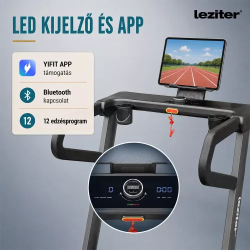 Futópad Led kijelzővel Bluetooth okosfunkció, Velox Ultra Max 150 kg, 3 LE, 18,8 Km/h, dőlésszög -6-32%