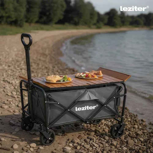 Összecsukható standard kerti strandkocsi asztallal szürke