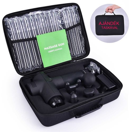 BipiLine Professzionális Masszázspisztoly, 6db cserélhető masszázsfejjel, Led Kijelzővel - Akkumulátoros /4 órás üzemidő/ - Fekete