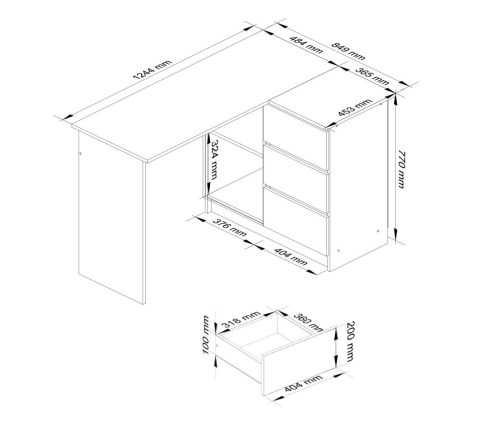 AKORD B16 Sarok Íróasztal 124 cm Fehér 3 Fiókos