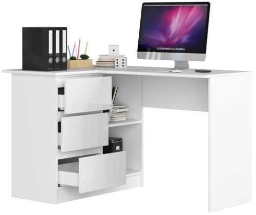 AKORD B16 Sarok Számítógépasztal 124 cm Fehér Matt/Magasfényű 3 Fiókos