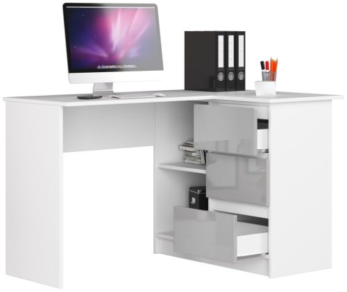 AKORD B16 Sarok Számítógépasztal 124 cm Fehér Magasfényű Metál