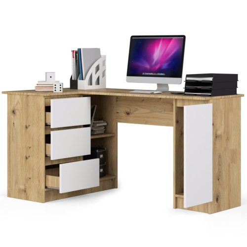 AKORD B20 Sarok Íróasztal Artisan Tölgy Fehér 155 cm Balos 3 Fiókos