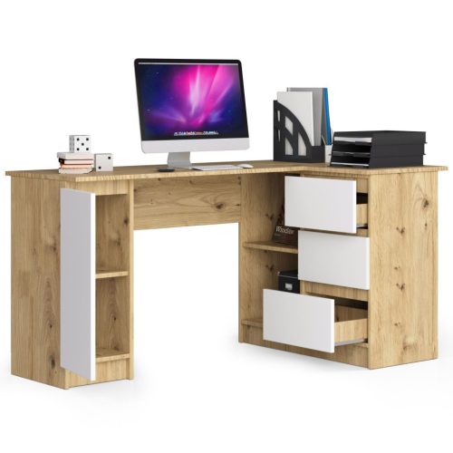 AKORD B20 Sarok Íróasztal Artisan Tölgy-Fehér 155 cm 3 Fiókos