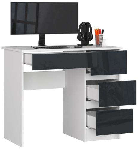AKORD A-7 Számítógépasztal 90 cm Fehér/Grafit Magasfényű 4 Fiókos
