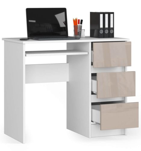 AKORD CLP A-6 Számítógépasztal Laminált Fehér-Cappuccino Magasfényű 3 Fiókos