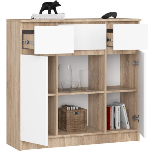 AKORD K100 Modern Komód Sonoma Tölgy-Fehér 3 Fiókos