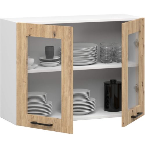 AKORD Oliwia Üveges Felsőszekrény Fehér Artisan Tölgy 80cm