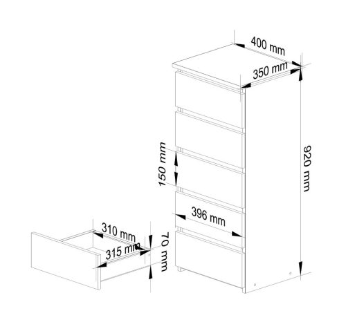 AKORD CL5 Keskeny Fiókos Komód Laminált Fehér Matt