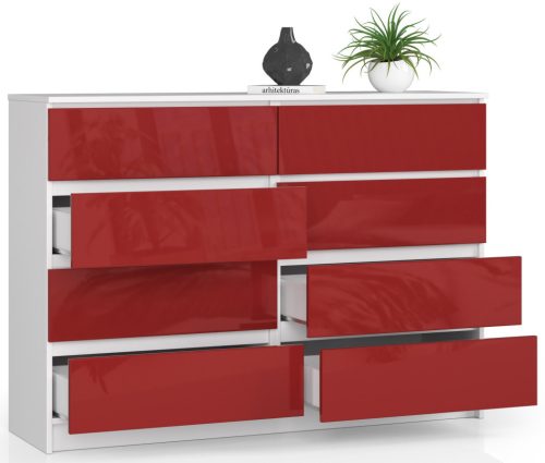 AKORD K140 Modern Magasfényű Piros Komód 8 Fiókkal