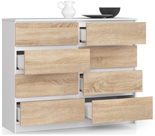AKORD Modern 8 Fiókos Komód Laminált Fehér-Sonoma 120cm