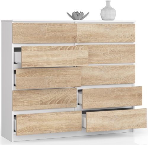 AKORD CLP K140 Komód Laminált Fehér/Sonoma Tölgy 10 Fiókos