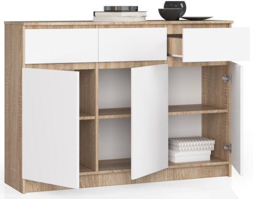 AKORD CLP K140 Komód Laminált Sonoma Tölgy Fehér 3 Ajtós 3 Fiókos