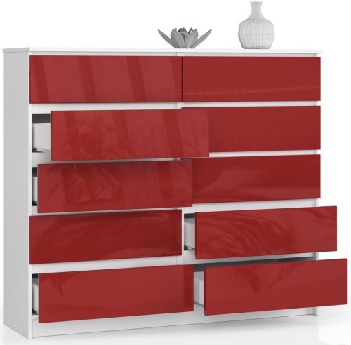 AKORD CLP K140 Komód Laminált Fehér-Piros Magasfényű 10 Fiókos
