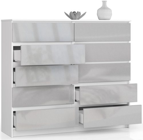 AKORD CLP K140 Komód Laminált Fehér-Metál Magasfényű 10 Fiókos