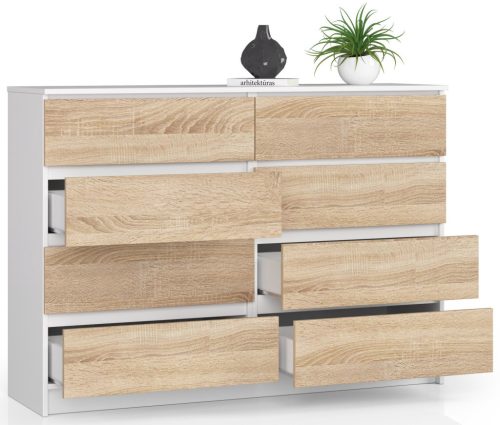 AKORD CLP K140 Komód 8 Fiókos Fehér/Sonoma Tölgy Laminált