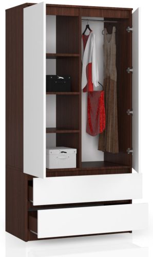 AKORD Modern 90 Kétajtós Ruhásszekrény Wenge-Fehér Laminált Fiókokkal