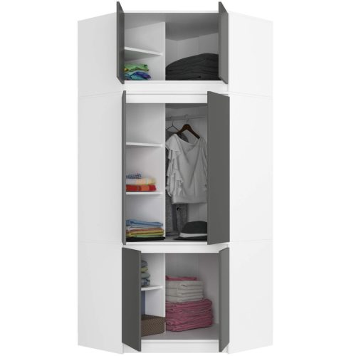 AKORD CLP Sarok Ruhásszekrény Felső Szekrénnyel Fehér Szürke 235cm